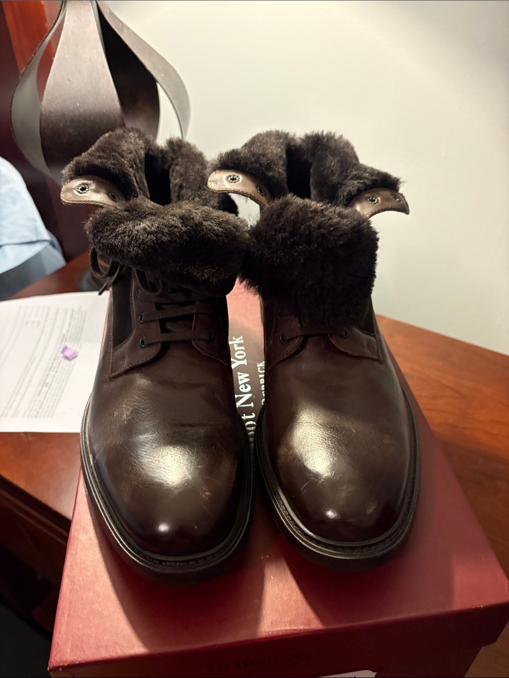 Men's Dark Brown Leather Fur-Collar Lace-Up Boots